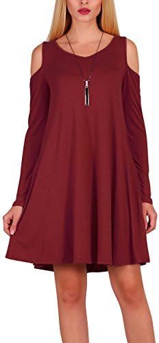 Women's Long Sleeve Cold Shoulder T-Shirt Dresses Casual Swing Tunic Top With Pockets Wine XL