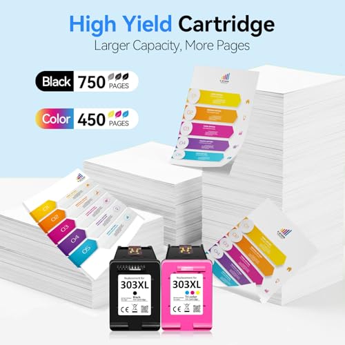 Sunnieink Ink 303XL BK/CMY - 750/450+ Pages, Replacement for HP 303 Original Cartridge Black & Colour, for HP Envy Inspire 7220e 7920e 7924e Envy Photo 6220 6230 6232 7120 7830 7930 Tango X