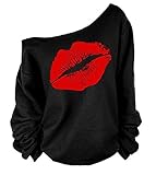 MAGICMK Women's Sexy Pullover Lips Print Casual Off The Shoulder Slouchy Shirt (XXL, Black+Red)