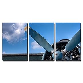 3 Piece Canvas Wall Art - Propeller and Engine of Vintage Airplane - Modern Home Art Stretched and Framed Ready to Hang - 16"x24"x3 Panels