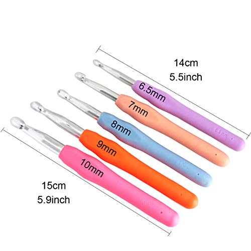 Gnognauq 6.5mm 7.0mm 8.0mm 9.0mm 10.0mm Soft Lighted Crochet Hooks, Handle Aluminum Crochet Hooks Set for Knitting