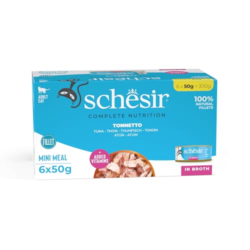 Schesir, Atún en Caldo, Alimento Húmedo para Gatos Adultos, en Latas, Filetes 100% Naturales, 6 x 50g