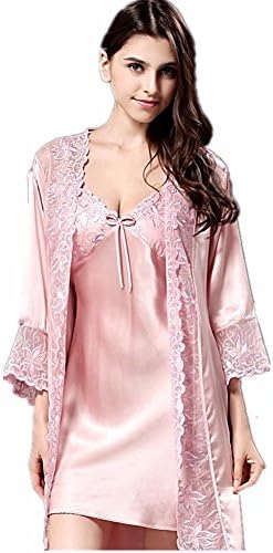 Onlygiftsu Women's 100% Pure Luxury Mulberry Silk Sexy Robe Night Gown Two-Piece Suit Sleepwear Pink