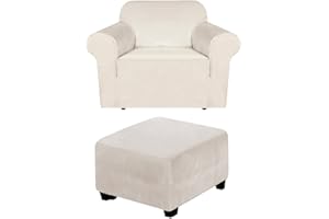 Andreannie Velvet Cream Chair Slipcovers Armchair Sofa Covers Chair Couch Covers for Armchair Bundle Ottoman Slipcover (Cream)