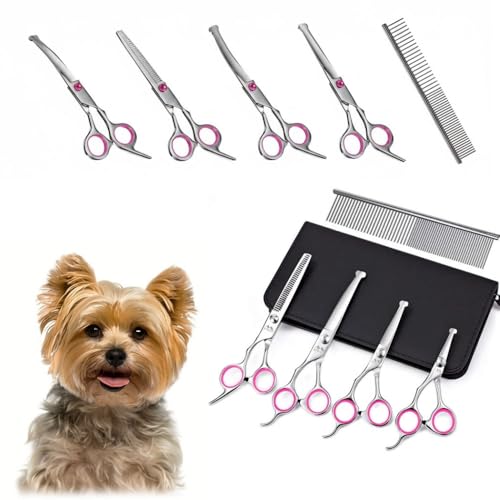 Kit Tesoura de Tosa para Cães e Gatos - Ponta Arredondada Segura para Pet - Tesoura de Tosa Ergonômica e Afiada de Aço Inox para Cortar Pelos de Animais - UpShop (Prata e Rosa)