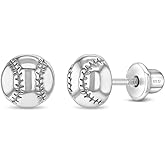 925 Sterling Silver Polished Baseball Safety Screw Back Earrings For Little Girls and Preteens - Fun Baseball Sports Themed Earrings For A Little Girl - Sports Accessories For Kids