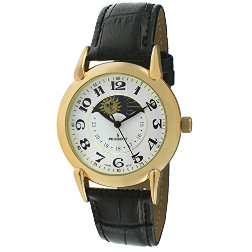 Peugeot Men's '14k Gold Plated' Quartz Metal and Leather Dress Watch, Color Black (Model: 3032A)