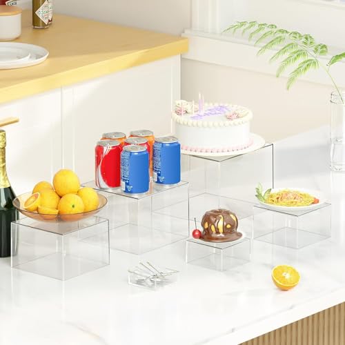 6Pcs Acrylic Boxes for Display Buffet Food Risers and Stands, Display Table Stand Shelf with Hollow Bottoms for Party Catering Dessert Jewelry Collectibles, Clear