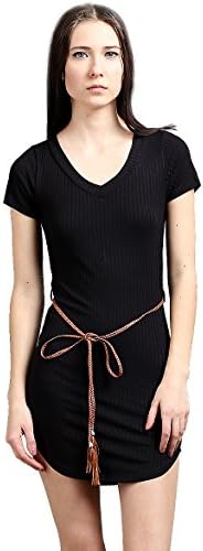 New Women's 8 x 5 Rib V Neck Short Sleeve with Belt Long Top Skinny Mini Dress L, Black