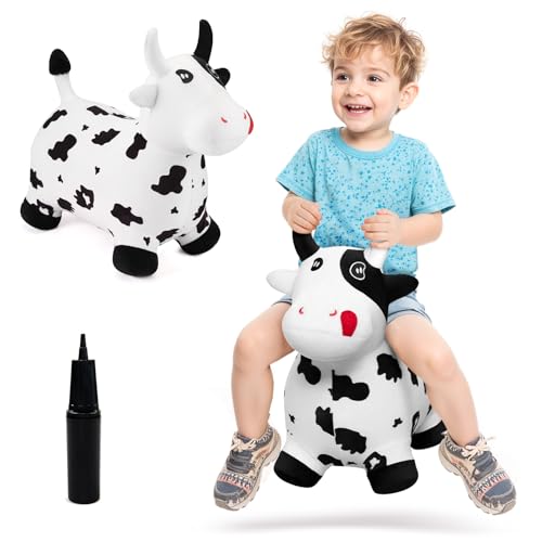 EVERICH TOY Bouncy Horse Cow Toys, Inflatable Bouncing Animal Hopping Toys, Outdoor Indoor Ride on Bouncer, Boys Girls Birthday Gift for 18 Month 2 3 4 5 6 Year Old Kid- Plush Cow Toy