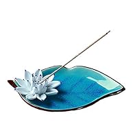 Nnty Gluck Incense Stick Holder Ceramic Handmade Lotus Porcelain Incense Burner Censer Holder Stand Ash Catcher Tray Home Buddhist Temple Decor (Blue)