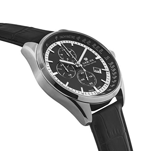 LOUIS-XVI-Herren-Armbanduhr-Varennes-Silber-Schwarz-Chronograph-Analog-Quarz-echtes-Leder-Schwarz-918