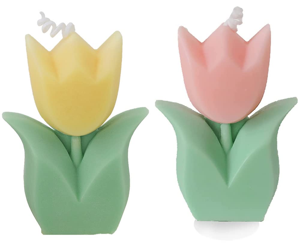 2Pcs Tulip Flower Shaped Candles,Home Decor Aesthetic Candles, Paraffin Soy Funky Scented Candle for Home Decoration Photo Props Wedding BirthdayParty Gift (Pink, Yellow)