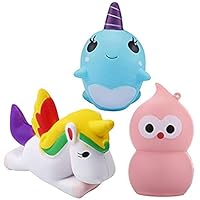 acetek Squishy Toys 3 pcs Random Color, Cute Kawaii Soft Squishies Toy, Unicorn, Bird, Whale, Stress Relieve Squeeze Soft Lovely Toy Kids Gift Fidget Toy Slow Rising Miniature Novelty Toys Decoration