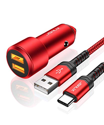 JSAUX Car Charger Compatible for Samsung Galaxy S10/S10 Plus/S9/S9 Plus/S8/S8 Plus/Note 10/9/8, LG, Moto -3A Dual Quick Charge 3.0 Ports 36W Metal Fast USB Car Adapter with Type C Charging Cable Red