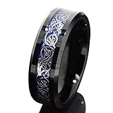 Queenwish 8mm Black Tungsten Men's Ring Celtic Dragon Wedding Band Blue Carbon Fibre Inlayed Infinity Band Size 6-14