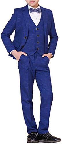 YUFAN Boys Formal Tuxedo Suits 5 Pieces Jacket+Pants+Vest+Shirt+Bow Tie 3 Colors Black Navy Plaid (6, Royal Blue)