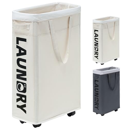 Goodpick Laundry Hamper on Wheels, 48L Narrow Laundry Hamper, Small Clothes Laundry Basket with Removable Wash Bag for Dorm, Slim Laundry Hamper, White