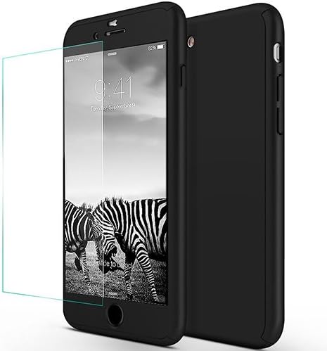 RockE Full Body Slim Polycarbonate Shock Absorption Protective Case with Tempered Glass Screen Protector for iPhone 7, Black - 4.7 Inch