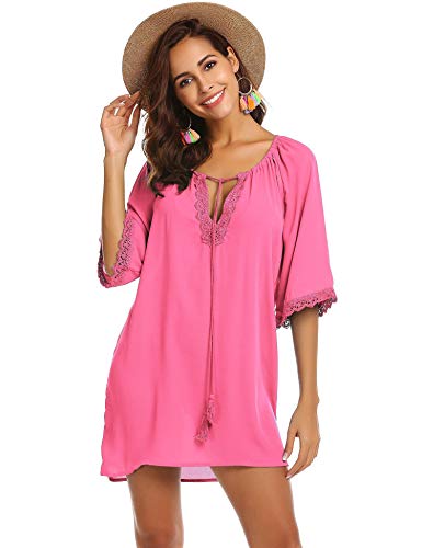 SUNAELIA Women Swimsuit Cover Ups Loose Beach Half Sleeve Tops Pink - Thumbnail 2