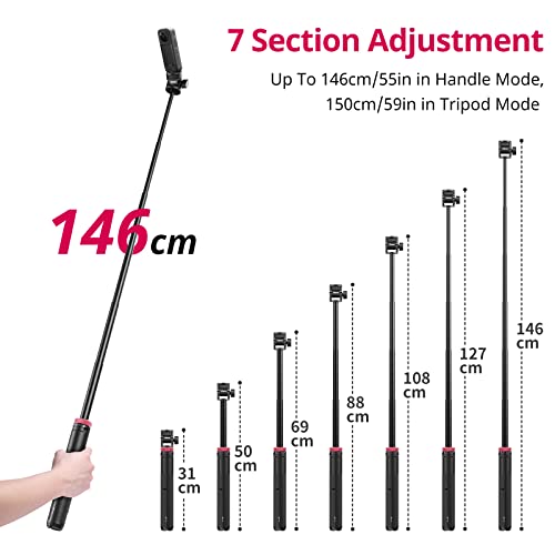 ULANZI Select 59in Selfie Tripod for Camera - MT-71 Invisible Long Extendable Selfie Vlog Handle Portable Lightweight Tripod Stand 7 Sections for Action Cameras