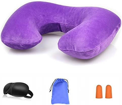 Travel Pillow Inflatable Airplane Foldable Portable Neck Pillow Compact Lightweight Headrest Sleeping on Car Train Pillow Cushion Business Trip Holiday with Storage Pouch + Eye mask + Earplug (Purple)