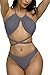 Kisscy Womens Crisscross Bandage Cut Out one Piece Swimsuti Monokini Bikinis ,High Neck Grey ,M(US2-4)