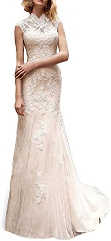 Meledy Women's High Neck Lace Appliques Long Mermaid Full Back Court Train Formal Wedding Dress Bridal Gowns Champagne US04