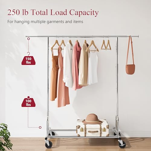 Tajsoon Heavy Duty Clothes Rack Foldable Garment Rack with Wheels and Extendable Rod, Freestanding Clothing Rack for Hanging Clothes, Adjustable ＆ Collapsible Rolling Racks with Bottom Shelf, Chrome