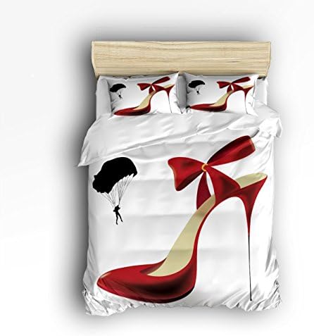 4 Pieces Bed Sheets Set, Sexy Red High Heel Design, Flat Sheet Duvet Cover and Pillow CasesKing Size