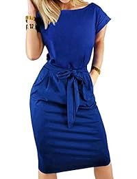 LunaJany - Vestido de mujer de manga corta con cinturón para trabajo, con bolsillos