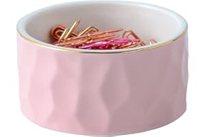 YOSCO Paper Clip Holder Ceramic Round Paper Clips Dispenser for Desk Cute,Gold Line Office Binder Clips Dispenser Organizer (Pink)