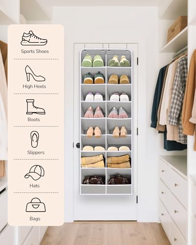 ULG Closet Shoe Organizer Fits 16-24 Pairs with Large Deep Pockets Narrow Shoe Rack Hanging Door Boot Rack Grey