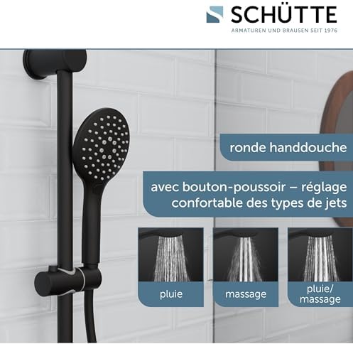 RAVEN Barre de Douche et Douchette à Main, Pommeau Avec 3 Positions de Réglage, Kit Avec Colonne, Panneau et Tuyau en Noir