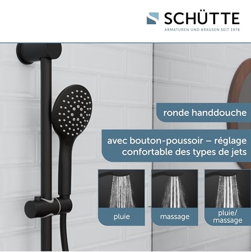 RAVEN Barre de Douche et Douchette à Main, Pommeau Avec 3 Positions de Réglage, Kit Avec Colonne, Panneau et Tuyau en Noir