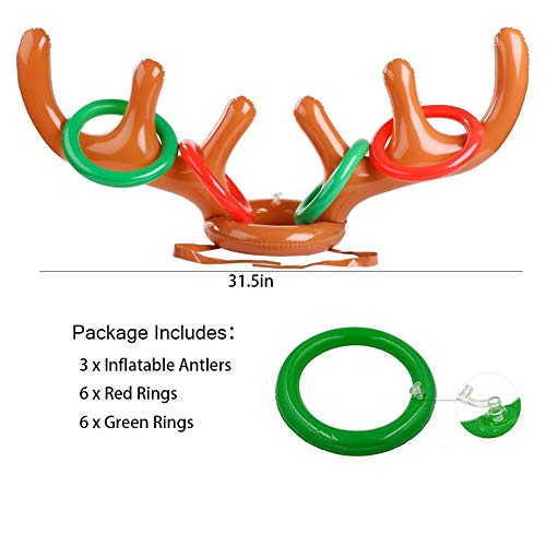 MeiGuiSha 3 Pack Inflatable Reindeer Antler Ring Toss Three-Player Holiday Favors Headband Game Toy for Kids Family Christmas Xmas Party(3 Antlers&12 Rings)