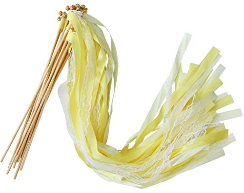 Wishprom 30pcs Lace Ribbon Wands Christmas Birthday Party Streamers Wands Fairy Stick for Wedding Activities (Yellow+Lace)