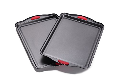 Click Here to See More Images Home and Kitchen Bakeware - NonStick Cookie Sheet Set of 2 - Baking Sheet Set - Baking Tray - BPA-FREE - Easy Grip Silicone Handle for Maximum Safety - Designed for both Youngs and Adults