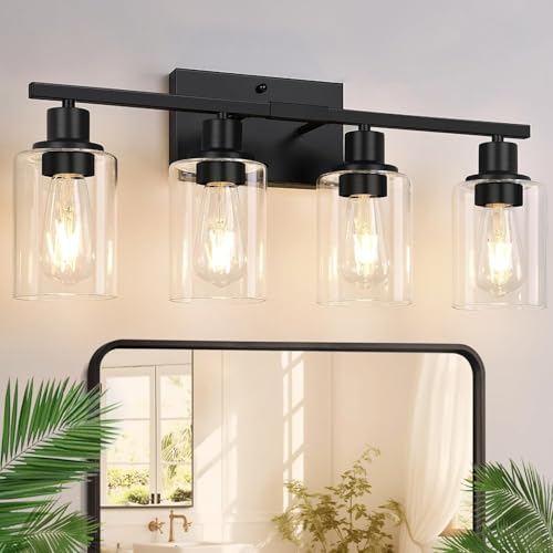 Indoi 4-Light Bathroom Light Fixtures, Matte Black Modern Vanity Lights with Clear