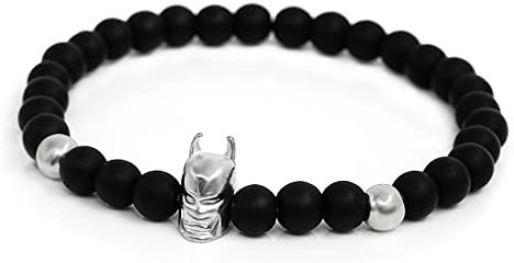 Veigary Unique Lucky Batman Head Charm Bangle Natural Stone Bracelet for Men Silver