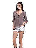 Persun Women's Grey Deep V-neck Button Closure Dip Back Blouse
