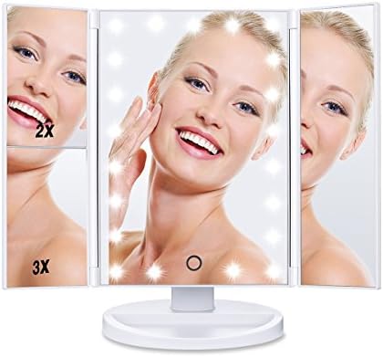 NEWQIBEAUTY Trifold Lighted Makeup Mirror with 22 LED Lights ,Touch Screen,Battery and USB Power Supply,3X/2X/1X Magnification 180° Adjustable Lighted Vanity Mirror