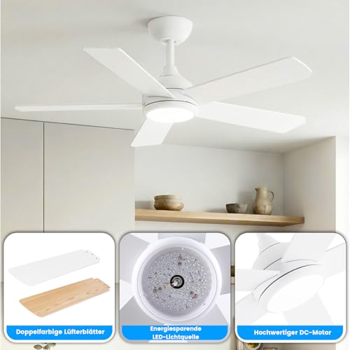 AUTODAY Ceiling Fan with Light, Dimmable LED 24W, Quiet DC Motor 32W, 106cm, Two-tone Plywood Blades, Remote Control with Memory Function, 6 Speed Levels, White