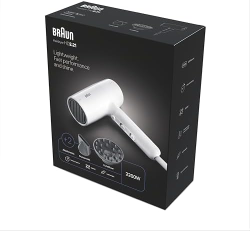 Asciugacapelli Braun HD2.21, potente con diffusore e concentratore, Tecnologia IONTEC, motore da 2200W, 3 temperature e 2 velocità, bianco, BRHD235E