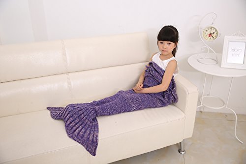 Ouba Soft Crochet Kids Mermaid Tail Blanket with Bag, Purple 4 - Thumbnail 4