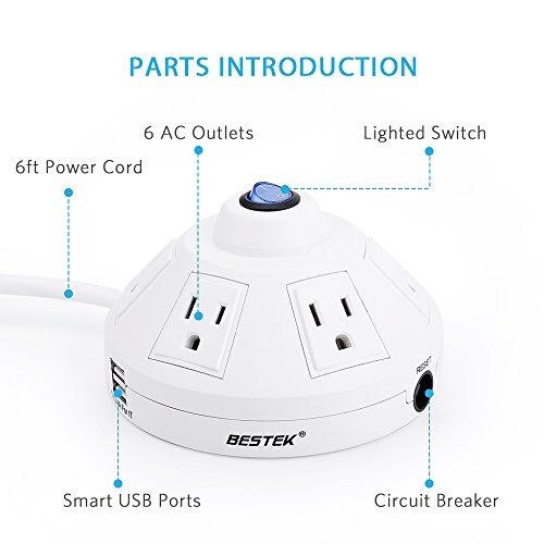 image for BESTEK 6-Outlet Power Strip Surge Protector with 6-Foot Power Cord and