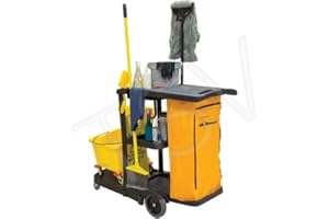 Johnny Vac Janitorial Cart Multifunctional - Black Plastic, 4 Shelves, Swivel Casters, 8 Wheels