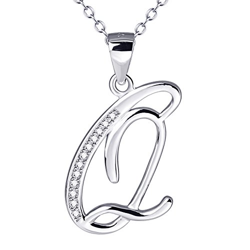 925 Sterling Silver Cubic Zirconia Alphabet Initial Letter Pendant Necklace (Q)