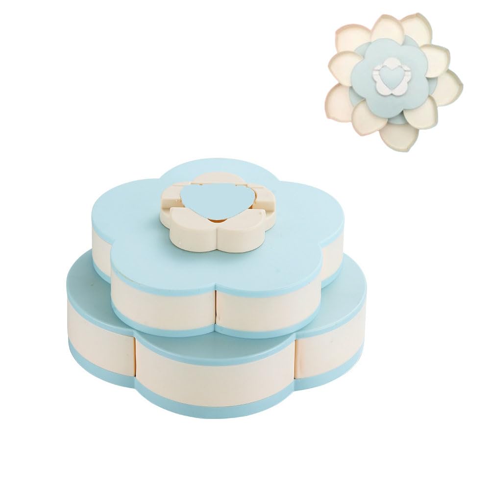 Ygapuzi Double Deck Snack Box Flower Shaped Rotating Candy Serving Containers with Phone Holder, 10 Grid Creative Snacks Storage Tray for Dried Fruit, Nuts, Chips, Olives (Blue)