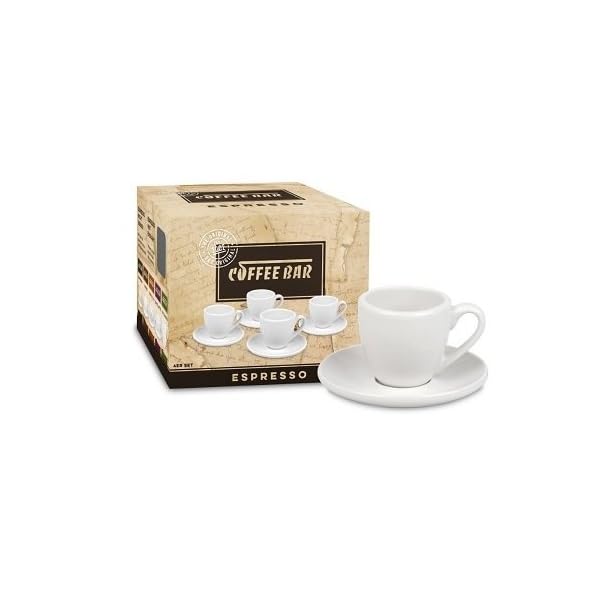 Konitz Coffee Bar Espresso Cups and Saucers, 2Ounce, White, Set of 4